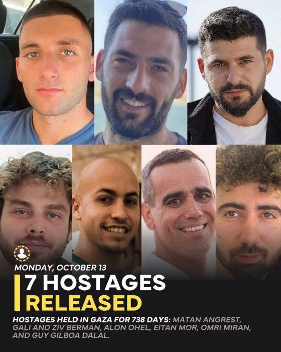 13日第一批獲釋的7名人質。（翻攝自FB@Israel Defense Forces）